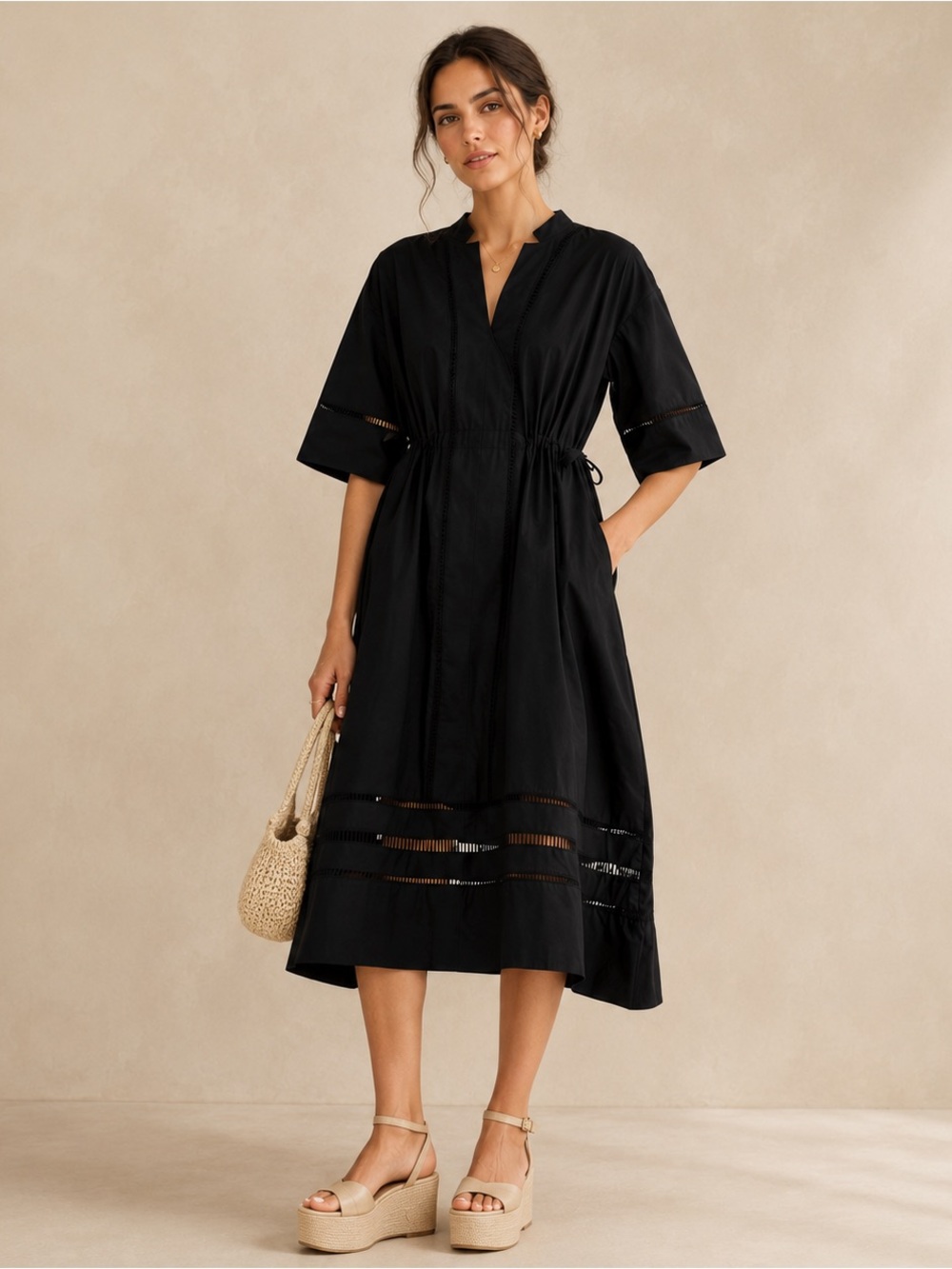 Everlane Lace Trim Caftan Dress M Black Organic Cotton Drawstring Midi Pockets